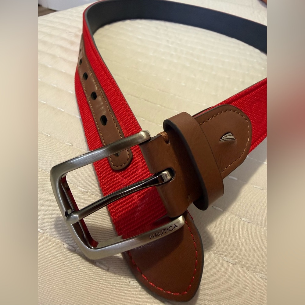 Nautica Red Canvas Belt with Brown Leather Trim